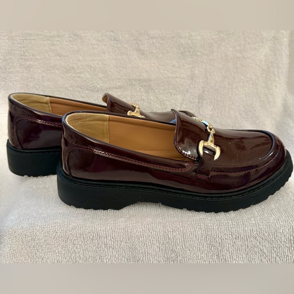 Women's Burgundy Patent Loafers with Gold Bit - Picture 4 of 7